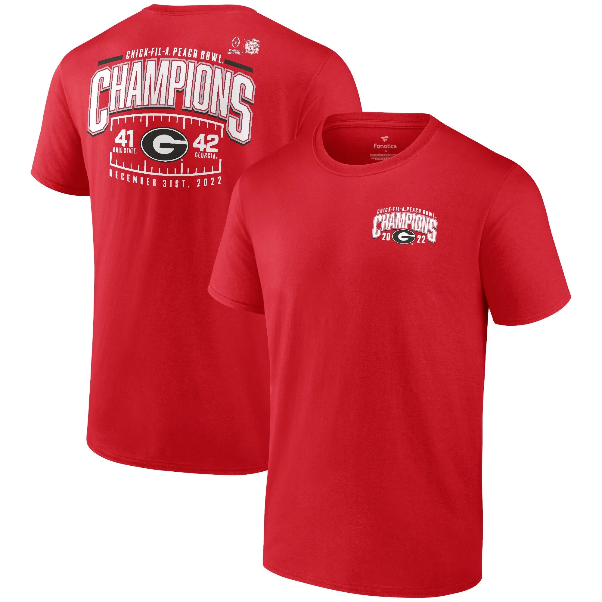 Men's Fanatics Branded Red Georgia Bulldogs College Football Playoff 2022 Peach Bowl Champions Score T-Shirt